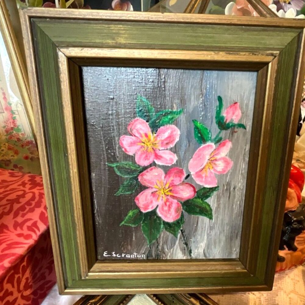 Original vintage oil painting oil on board pink flowers E. Scranton